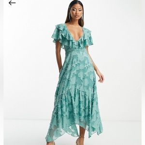 NWT- ASOS Design V-front & Back Midi Dress, Flutter Sleeves, Jacquard Design